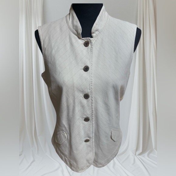 J. Jill Linen Blend Tailored Button Down Sleeveless Cream Pinstriped Vest Sz 14P - Picture 1 of 9